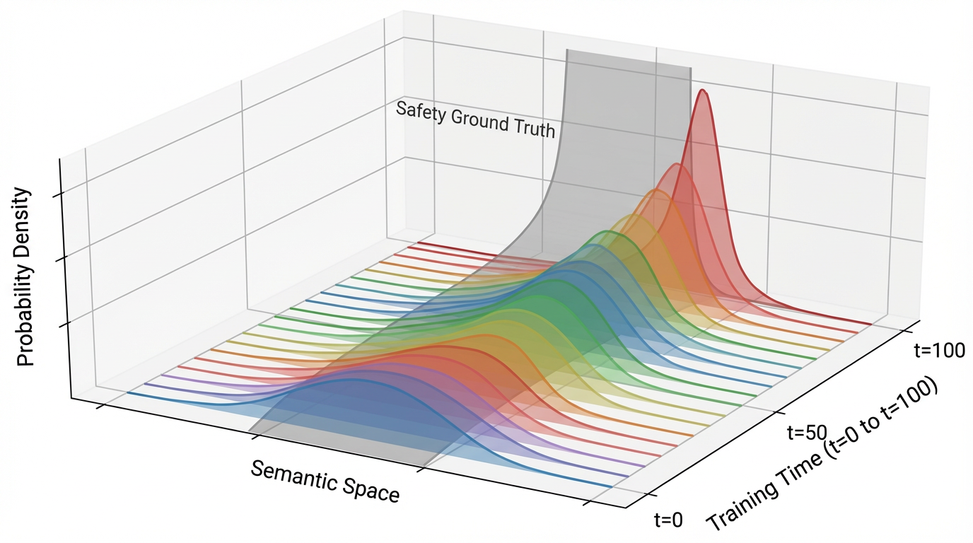 ���������µķֲ�Ư�ƣ���ɫ����Ϊ��ȫ��׼�ֲ�����ɫɽ��Ϊϵͳ�ֲ���ѵ��ʱ��������ƫ�벢̮��Ϊ��խ�Ĵ�λģʽ��ͼԴ��The Devil Behind Moltbook: Anthropic Safety is Always Vanishing in Self-Evolving AI Societies