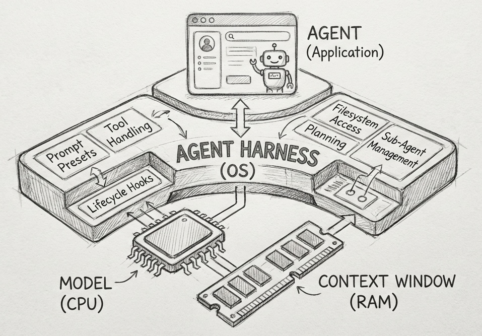 Harness ��Ϊ AI ��"����ϵͳ"��Model = CPU��Context Window = RAM��Agent Harness = OS��Agent = Application��ͼԴ��Philipp Schmid �� The Importance of Agent Harness in 2026
